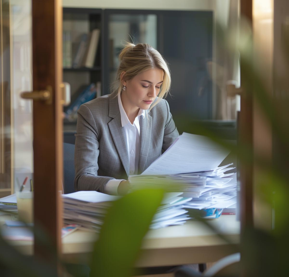 Professional woman reviewing legal records and documents at a desk