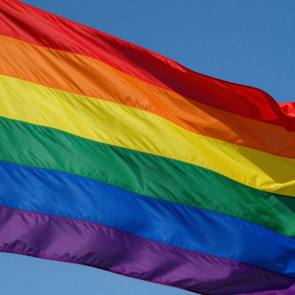 Rainbow pride flag waving against a blue sky — Justice for All: Respect, Inclusion & Integrity